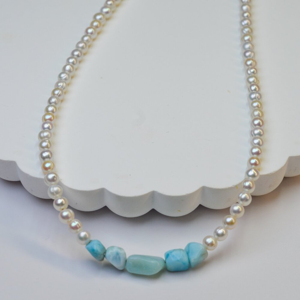 Larimar & White Round Freshwater Pearls Necklace 18-20" Sterling Silver